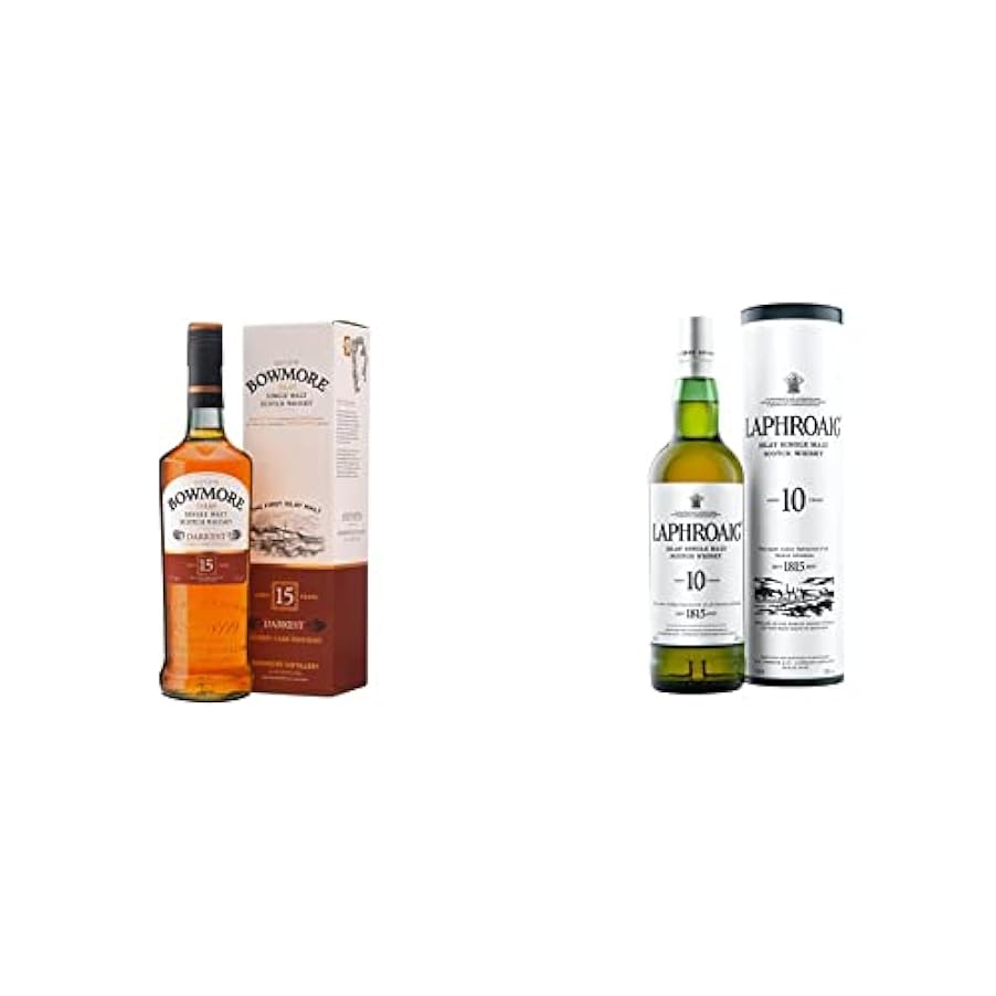 Bowmore, Single Malt Whisky Darkest, 15 Anni di invecchiamento - 1 bottiglia da 700ml & Laphroaig, Islay Single Malt Scotch Whisky 10 years, 100% orzo maltato - 1 bottiglia da 700ml 751643408