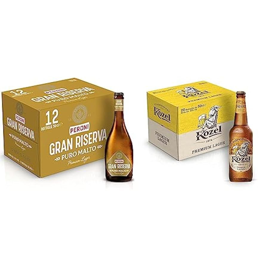 Peroni Birra Gran Riserva Puro Malto, Cassa Birra con 12 Birre in Bottiglia da 50 cl, 6 L, 5.2% Vol & Kozel Birra Premium Lager, Cassa Birra con 20 Birre in Bottiglia da 50 cl, 10 L 125766509