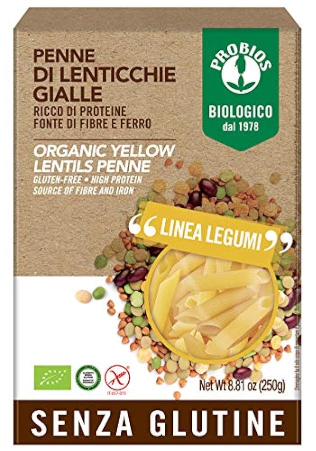 Probios Penne 100% Lenticchie Gialle Bio senza Glutine - Confezione da 12 x 250 g 531411058
