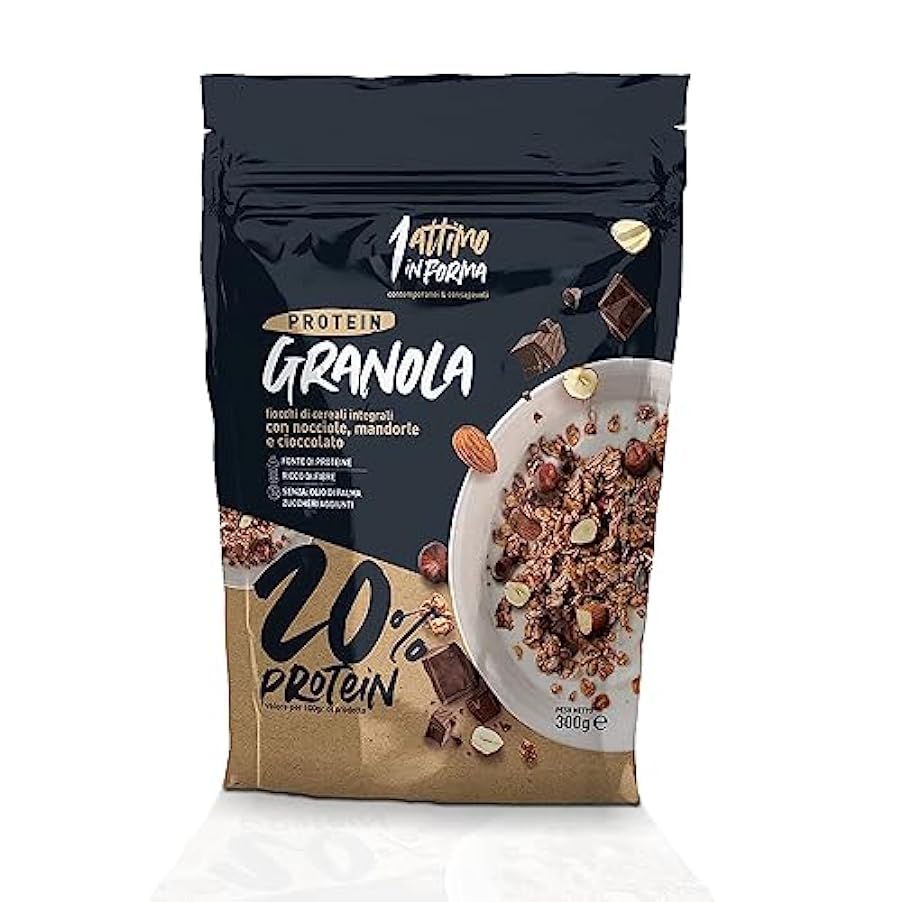 1 Attimo in Forma | Granola Proteica Cereali Muesli - 20% Proteine 300gr Senza Zuccheri Aggiunti Croccante Colazione Nutriente (Cioccolato Mandorla e Nocciola, 8 Pezzi) 498747216