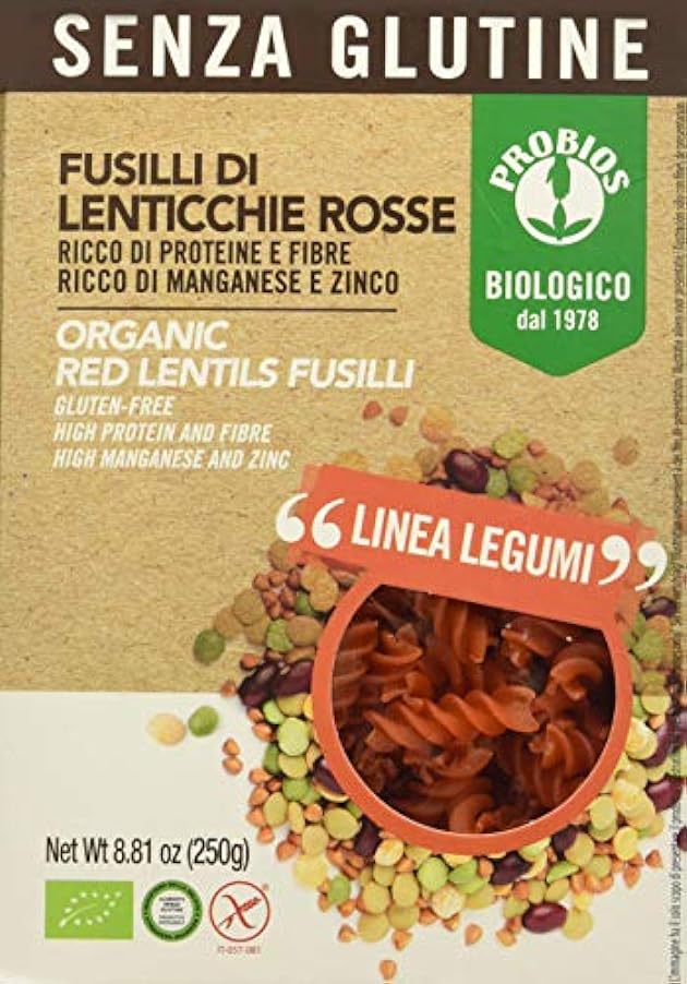 Probios Fusilli 100% Lenticchie Rosse Bio senza Glutine - Confezione da 12 x 250 g 930997425