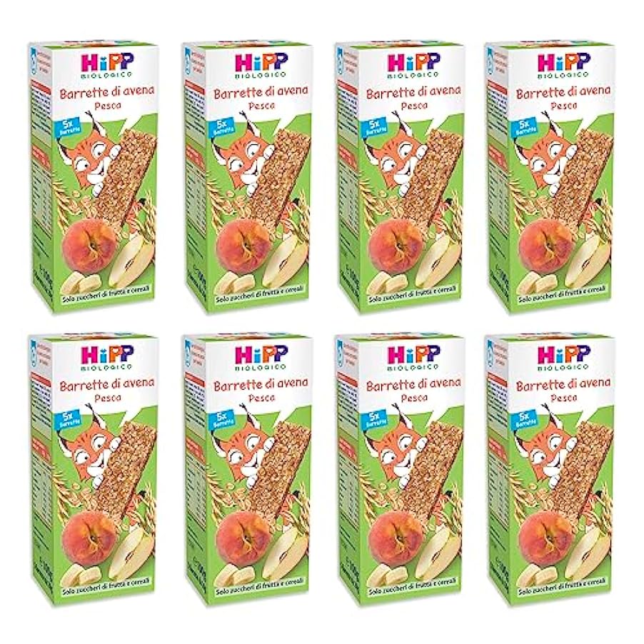 HiPP - Barrette di Avena Bio, Gusto Pesca, Snack per Bambini 100% Biologico, 8 Confezioni con 5 Barrette Ciascuna 493546605