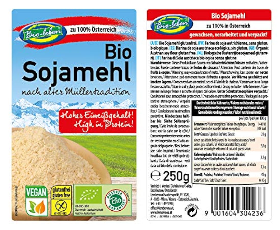 Farina di Soia austriaca biologica senza glutine 1,75kg BIO, da semi di soia senza OGM, organico proveniente dall´Austria, tostata e indebitata 7x250g 953303071